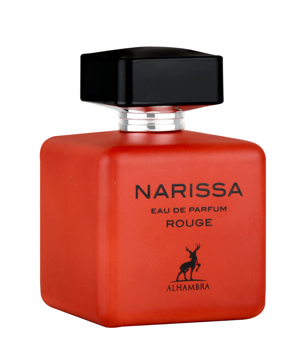 Maison Alhambra Narissa Rouge Eau de Parfum red bottle with a black cap on a white background.