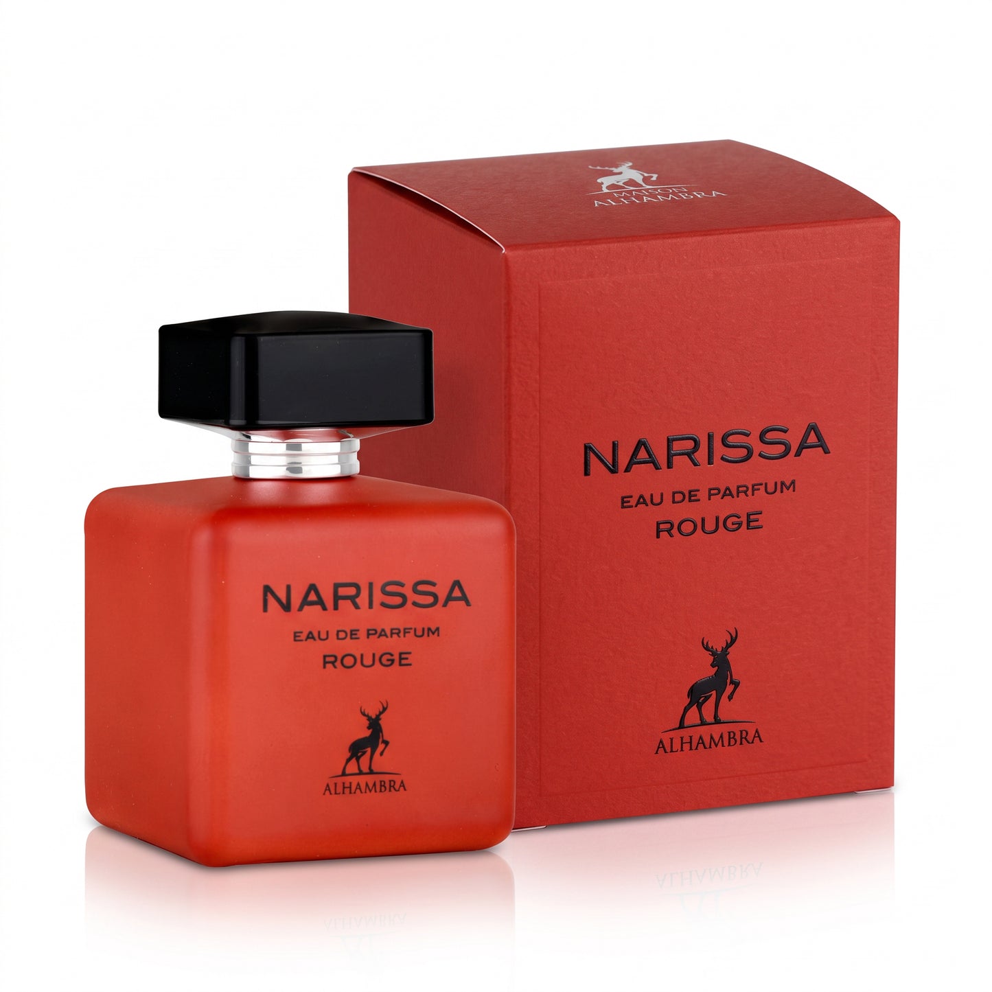 Narissa Rouge Eau de Parfum bottle in a vibrant red glass with a black cap, shown next to its matching red packaging box on a white background.
