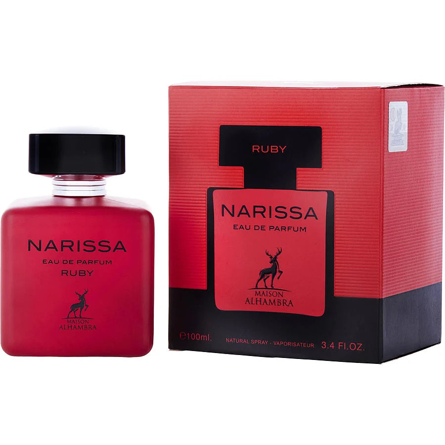 Maison Alhambra Narissa Ruby Eau de Parfum 100 mL red bottle displayed beside its matching red and black box.