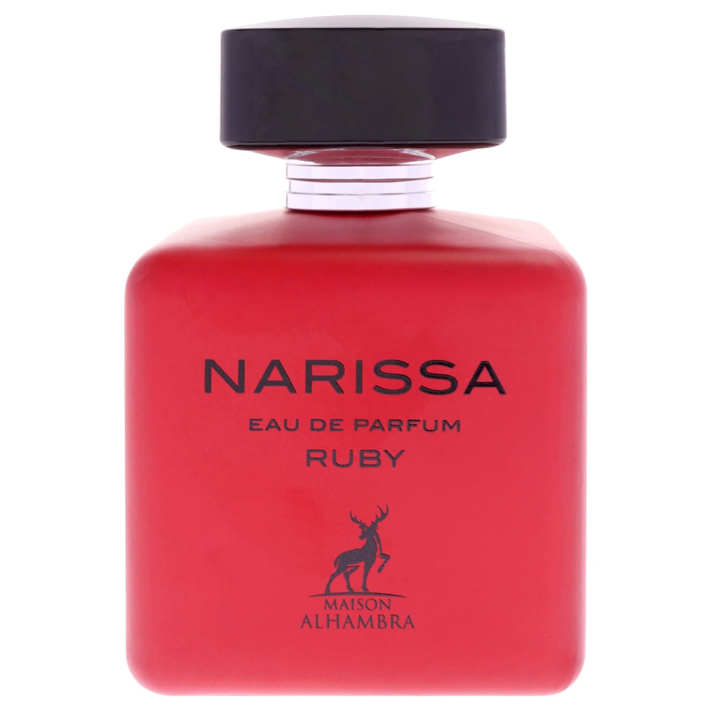 Maison Alhambra Narissa Ruby Eau de Parfum red bottle with black cap on a white background.