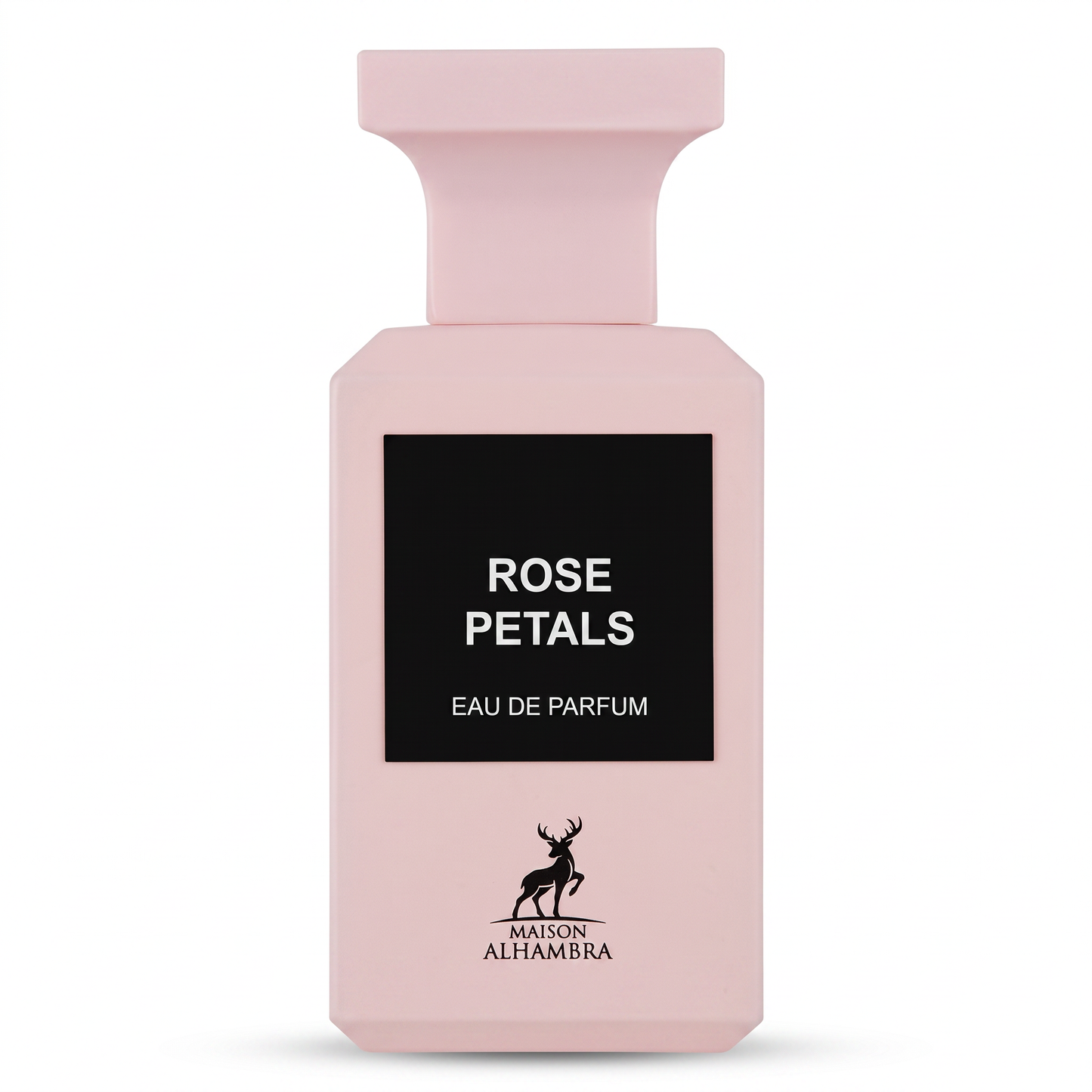 Maison Alhambra Rose Petals Eau de Parfum 100 mL pink bottle on a white background.