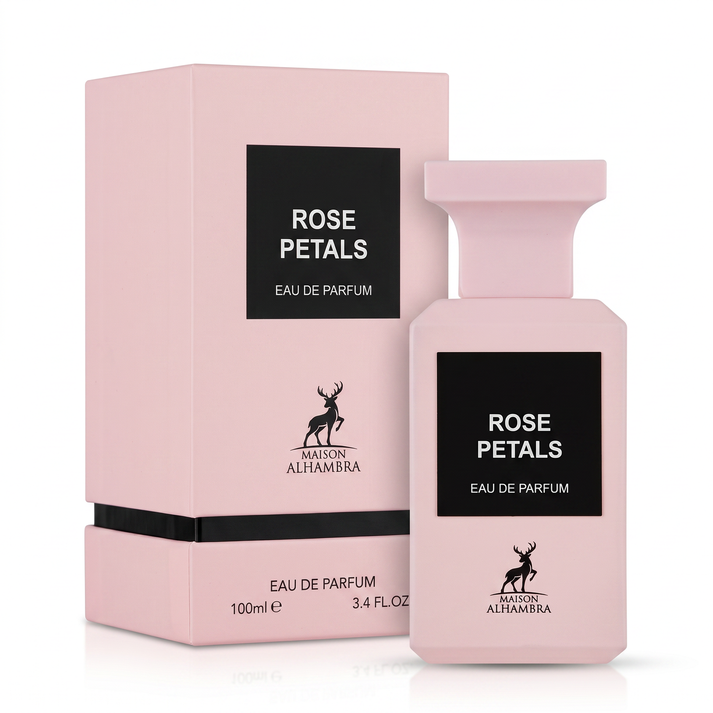 Maison Alhambra Rose Petals Eau de Parfum 100 mL pink bottle displayed beside its matching pink presentation box.