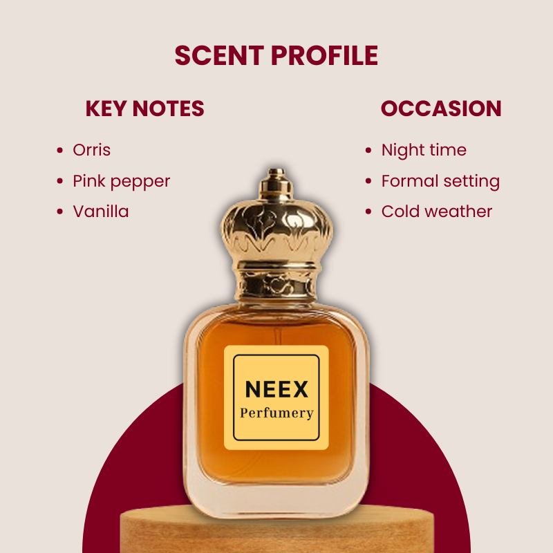 Luxury amber fragrance with Orris, pink pepper, and vanilla – powdery & radiant.