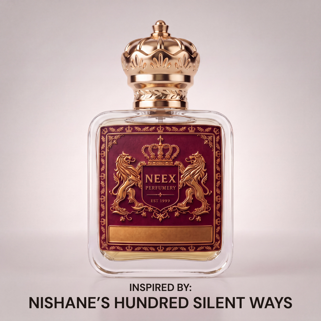 Neex Perfumery perfume bottle featuring a gold crown cap and deep burgundy crest label, centered against a clean off-white studio background with text below reading "INSPIRED BY: NISHANE'S HUNDRED SILENT WAYS".