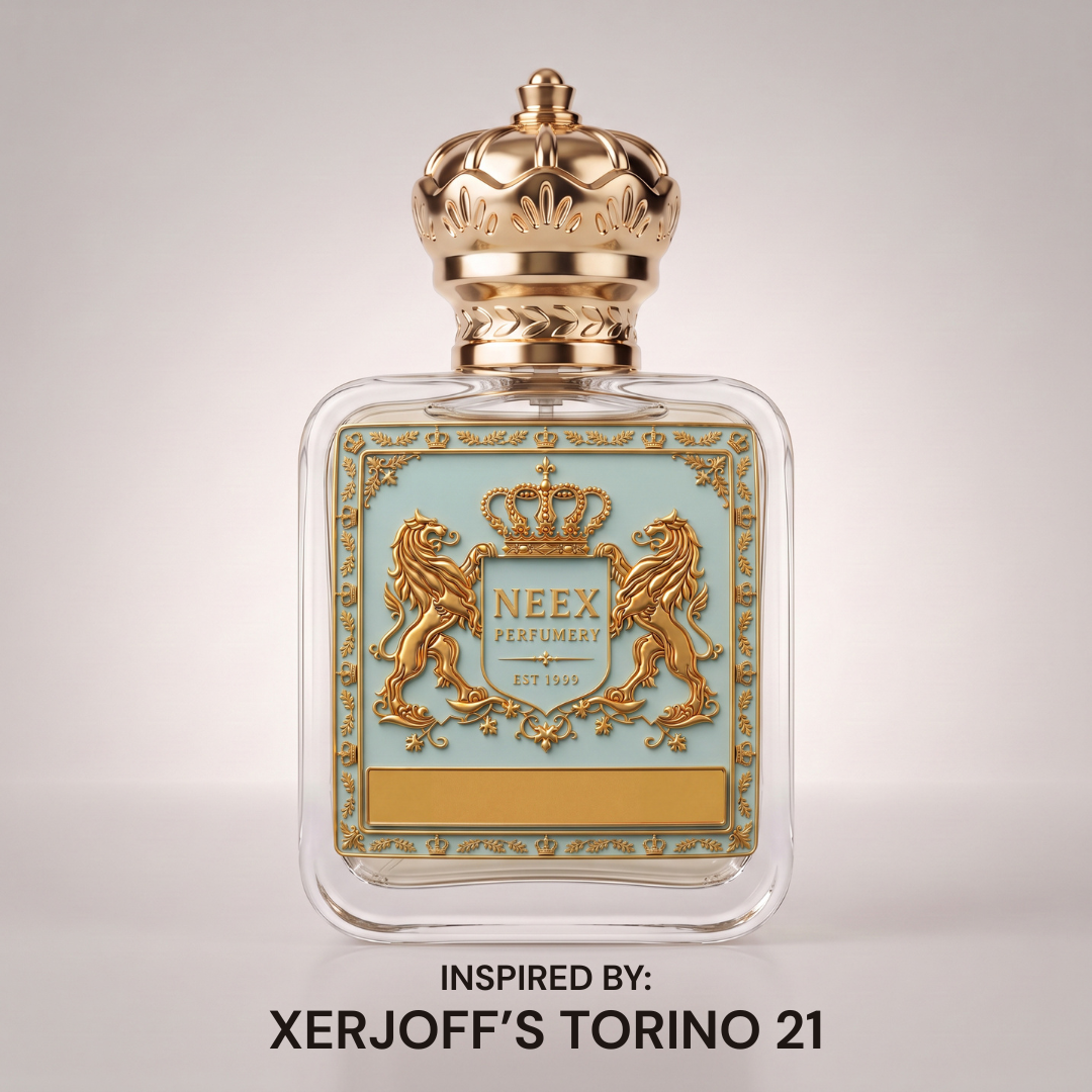 Neex Perfumery perfume bottle featuring a gold crown cap and light duck-egg blue crest label, centered against a clean, soft off-white studio background with text below reading "INSPIRED BY: XERJOFF'S TORINO 21".