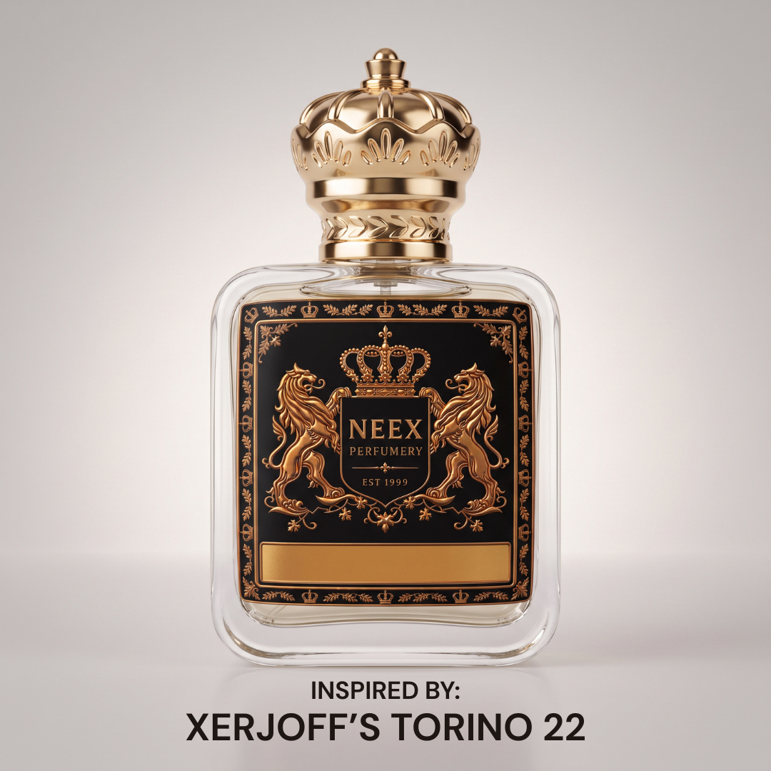 Neex Perfumery perfume bottle featuring a gold crown cap and black crest label, centered against a clean off-white studio background with text below reading "INSPIRED BY: XERJOFF'S TORINO 22".