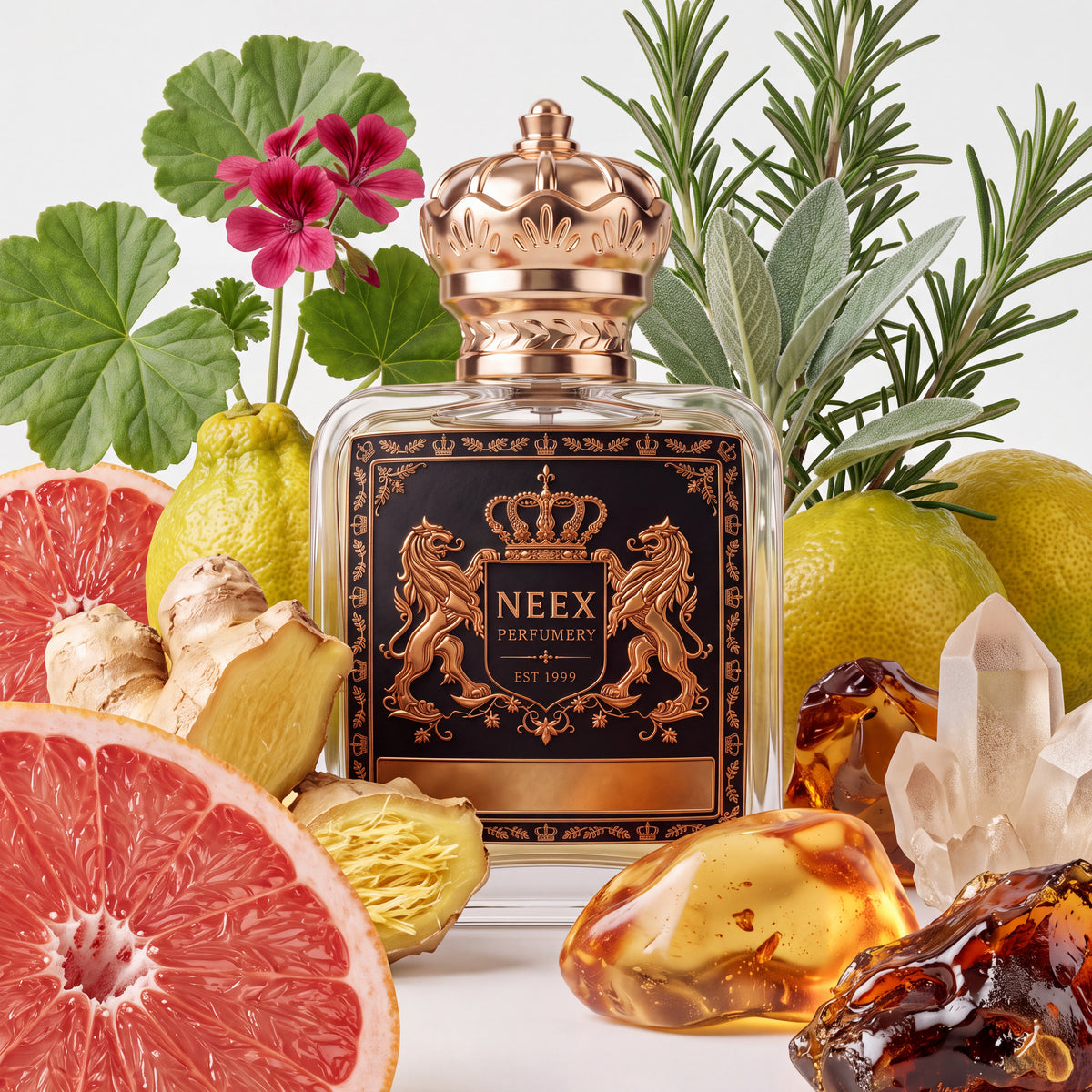 Neex fragrance bottle styled in an ingredient flat-lay featuring halved fresh pink grapefruit, whole lemons, sliced ginger root, sprigs of rosemary and sage, pink geranium flowers, raw amber stones, and clear quartz crystals.