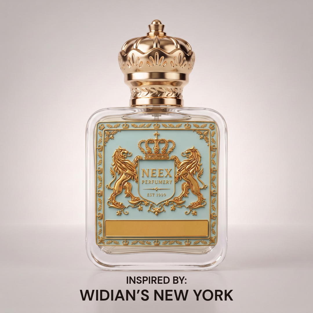 Neex Perfumery luxury perfume bottle featuring a gold crown cap and pastel blue crest label, showcased cleanly against a neutral gradient studio background.   
