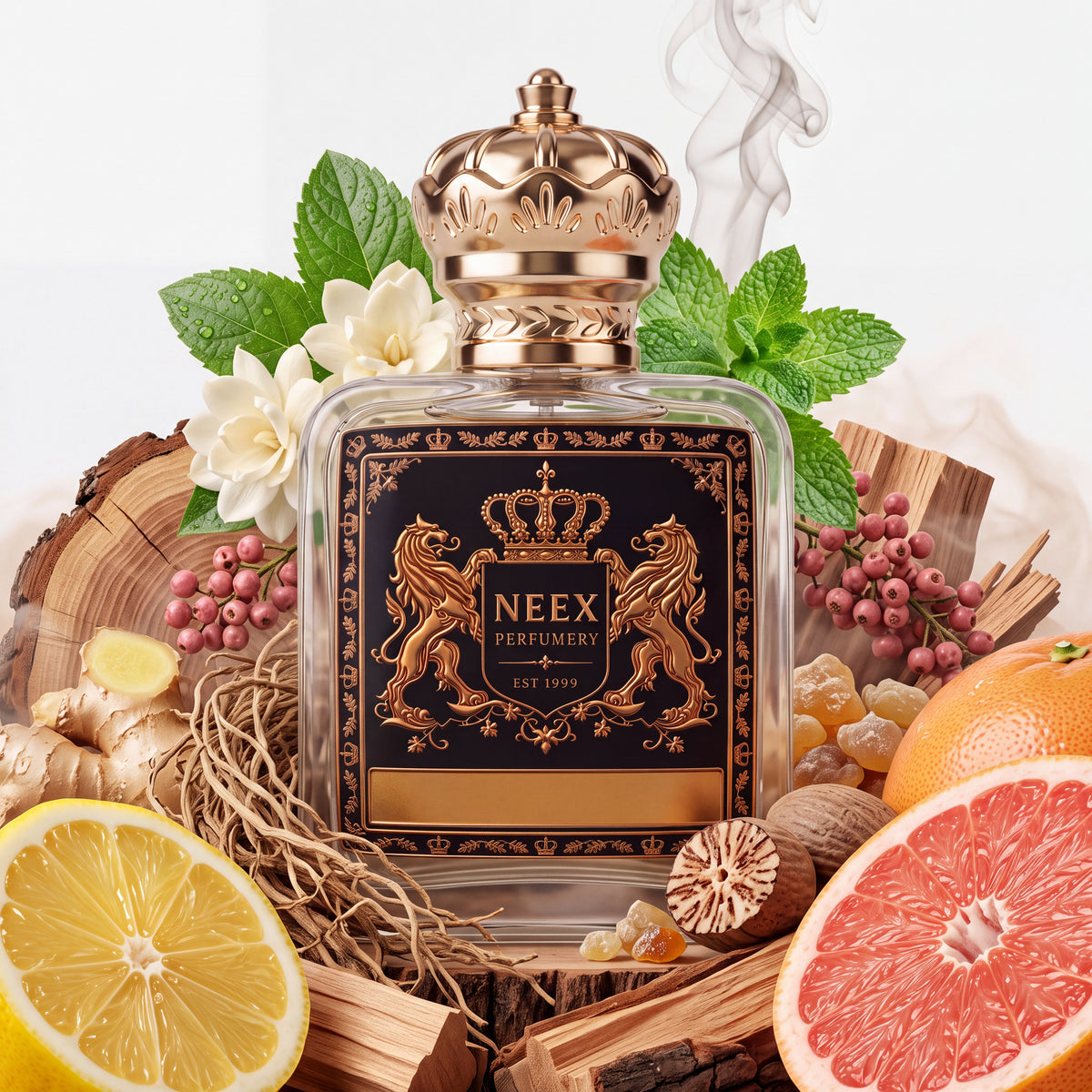 Neex Blue Passion fragrance bottle surrounded by fresh lemon and pink grapefruit slices, raw ginger root, mint leaves, jasmine flowers, nutmeg, pink peppercorns, cedar logs, vetiver roots, and frankincense resin with soft rising incense smoke.