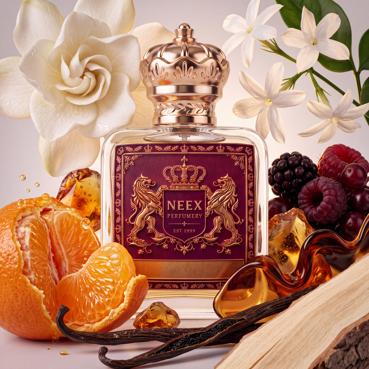 Neex Perfumery fragrance bottle with a deep magenta crest label, styled in an ingredient flat-lay featuring juicy mandarin orange slices, gardenia and jasmine blossoms, fresh berries, golden amber resin, caramel swirl, and vanilla pods.   