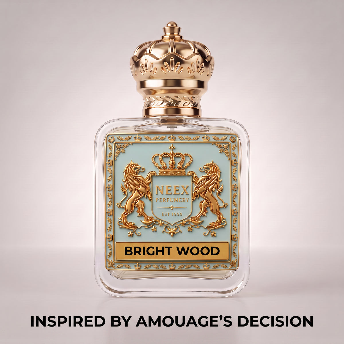 Neex Perfumery Bright Wood perfume bottle with gold crown cap, inspired by Amouage Decision fragrance.