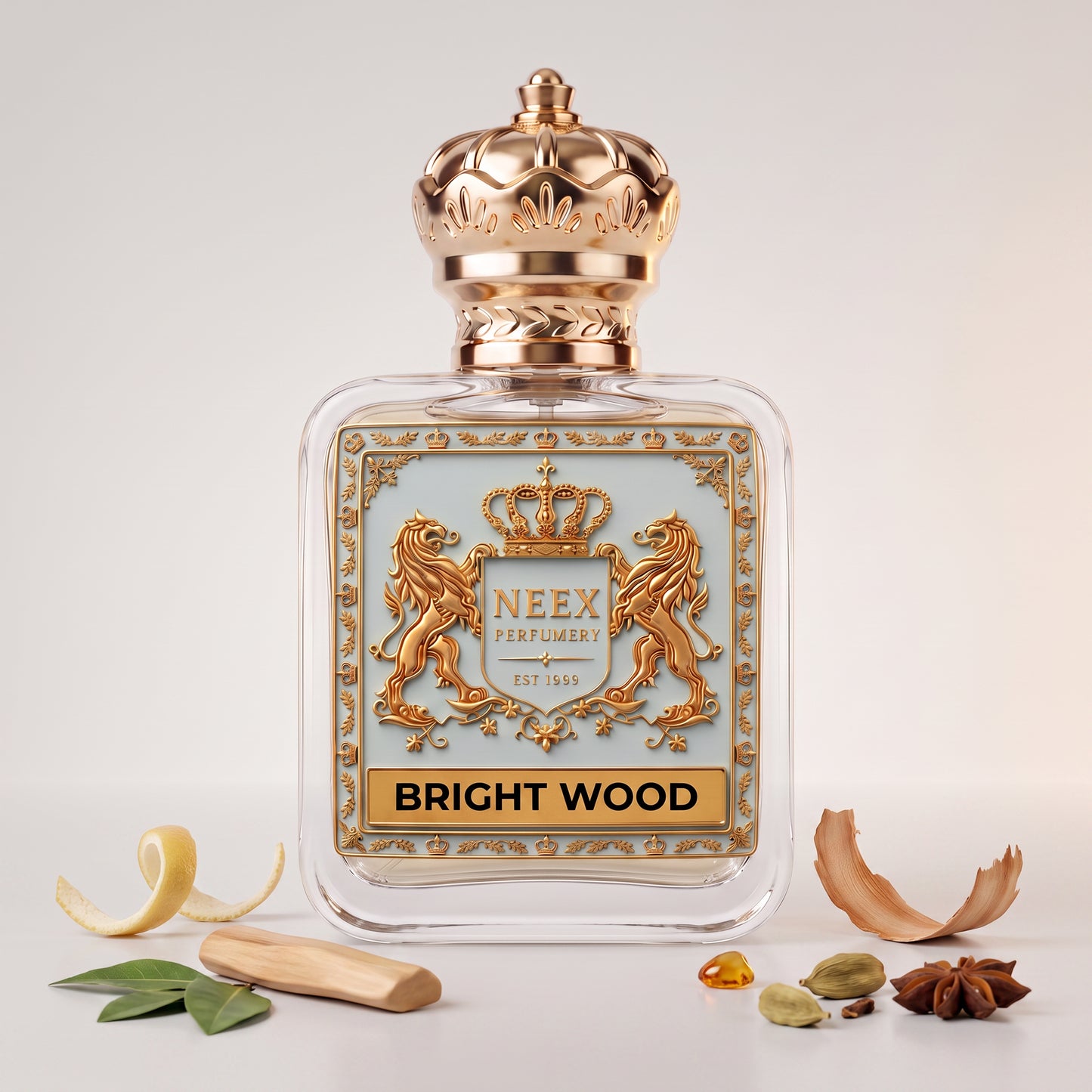 Neex Bright Wood fragrance bottle displayed with raw notes of lemon peel, green leaves, sandalwood, cardamom pods, star anise, and amber resins.