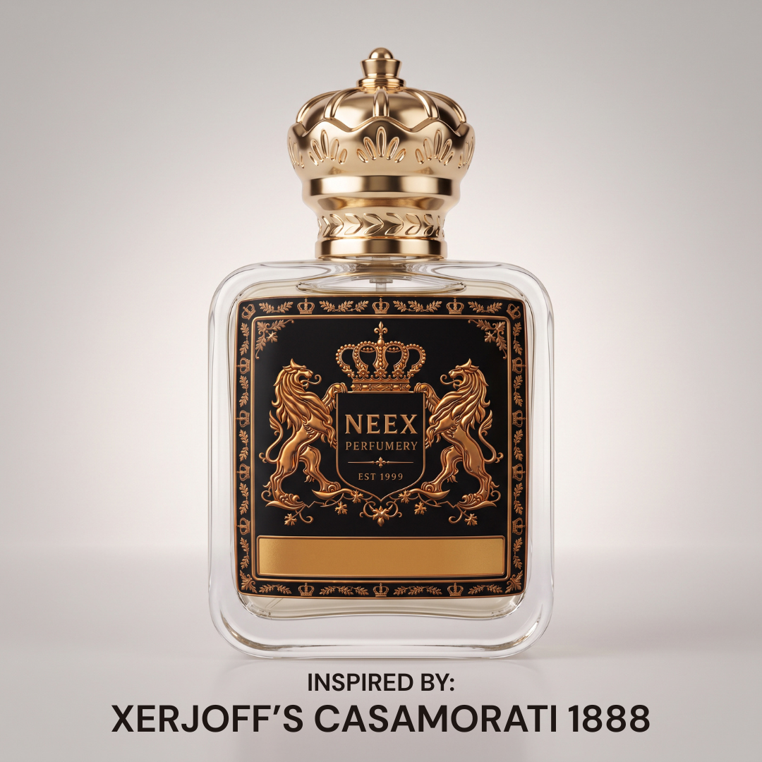 Neex Perfumery perfume bottle featuring a gold crown cap and black crest label, centered against a clean off-white studio background with text below reading "INSPIRED BY: XERJOFF'S CASAMORATI 1888".
