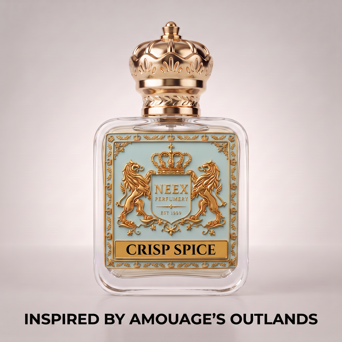 Neex Perfumery Crisp Spice perfume bottle with gold crown cap, inspired by Amouage Outlands fragrance.