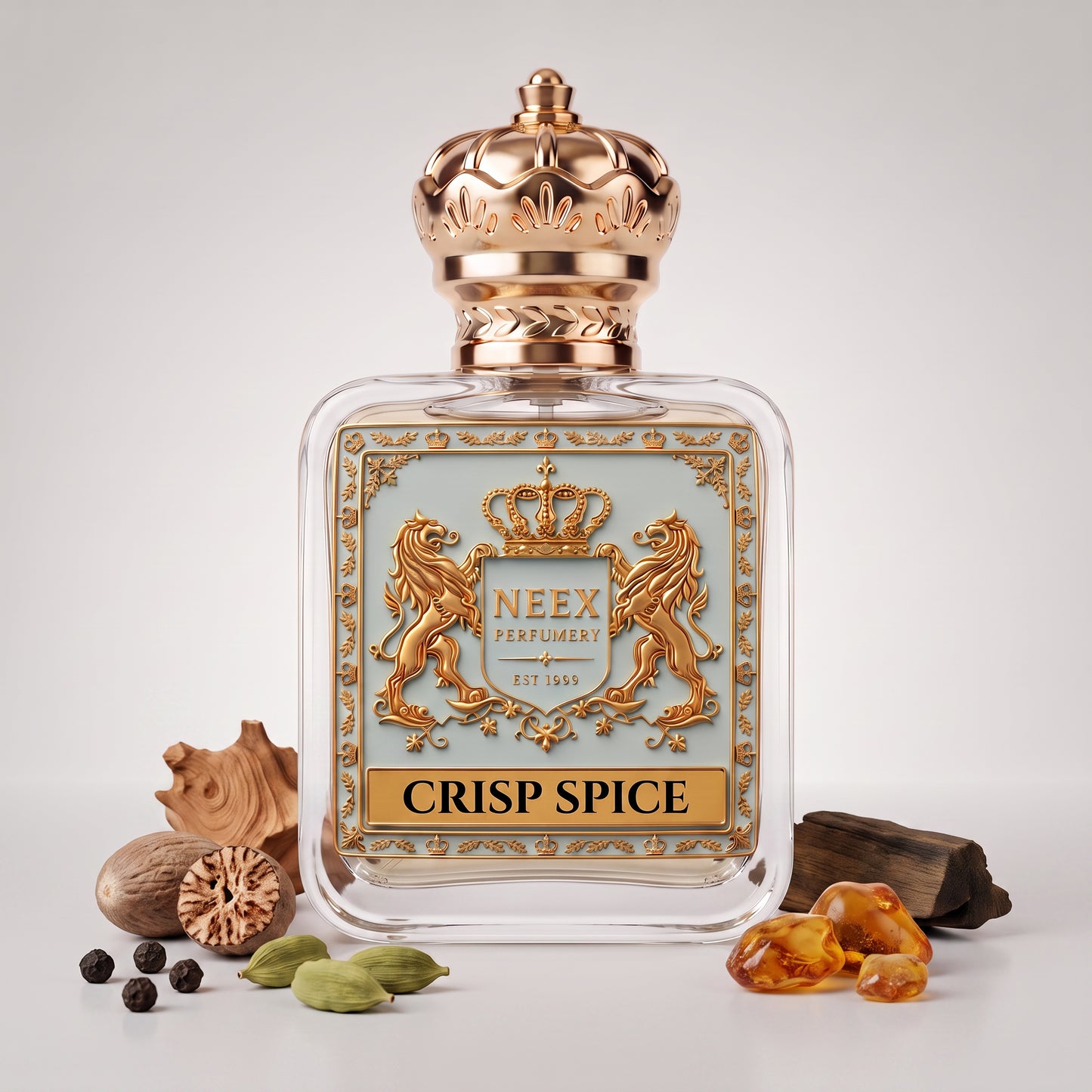 Neex Crisp Spice fragrance bottle displayed with raw notes of nutmeg, black peppercorns, green cardamom pods, amber resins, and dry woods.