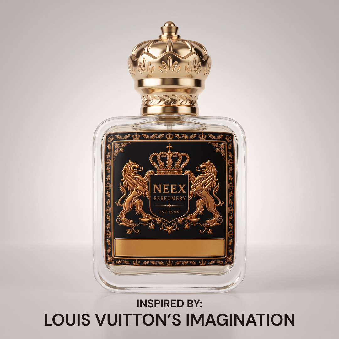 Neex Perfumery Neex Dreaming perfume bottle featuring a gold crown cap and black crest label, displayed against a clean, neutral studio background with text below indicating it is inspired by Louis Vuitton's Imagination.