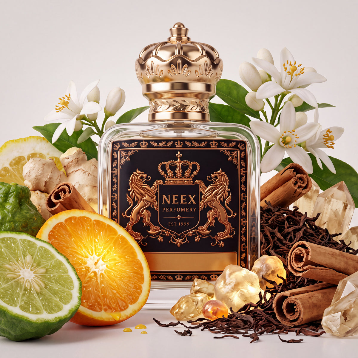 Neex Dreaming fragrance bottle arranged in a detailed ingredient flat-lay showcasing halved Calabrian bergamot, fresh juicy oranges, sliced lemons, ginger root, delicate orange blossoms (neroli), cinnamon sticks, loose black tea leaves, warm amber pieces, and raw crystal accents.