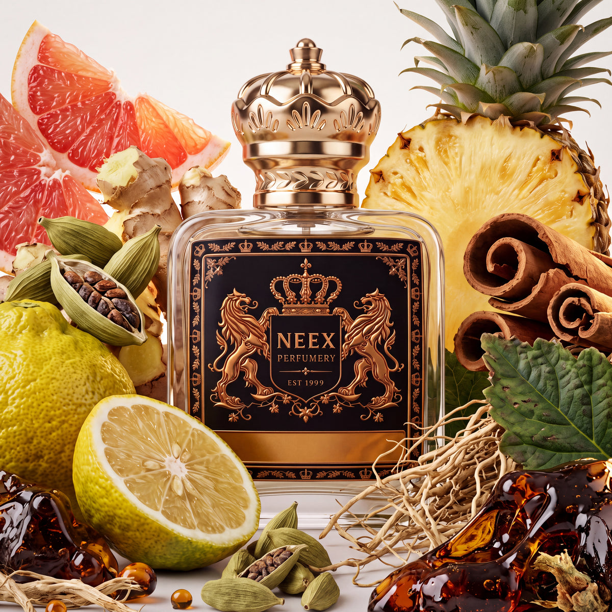 Neex Dream Lord fragrance bottle arranged in an ingredient flat-lay featuring fresh pineapple, grapefruit slices, lemon, ginger root, cardamom pods, cinnamon sticks, patchouli leaves, vetiver roots, and rich amber resin.