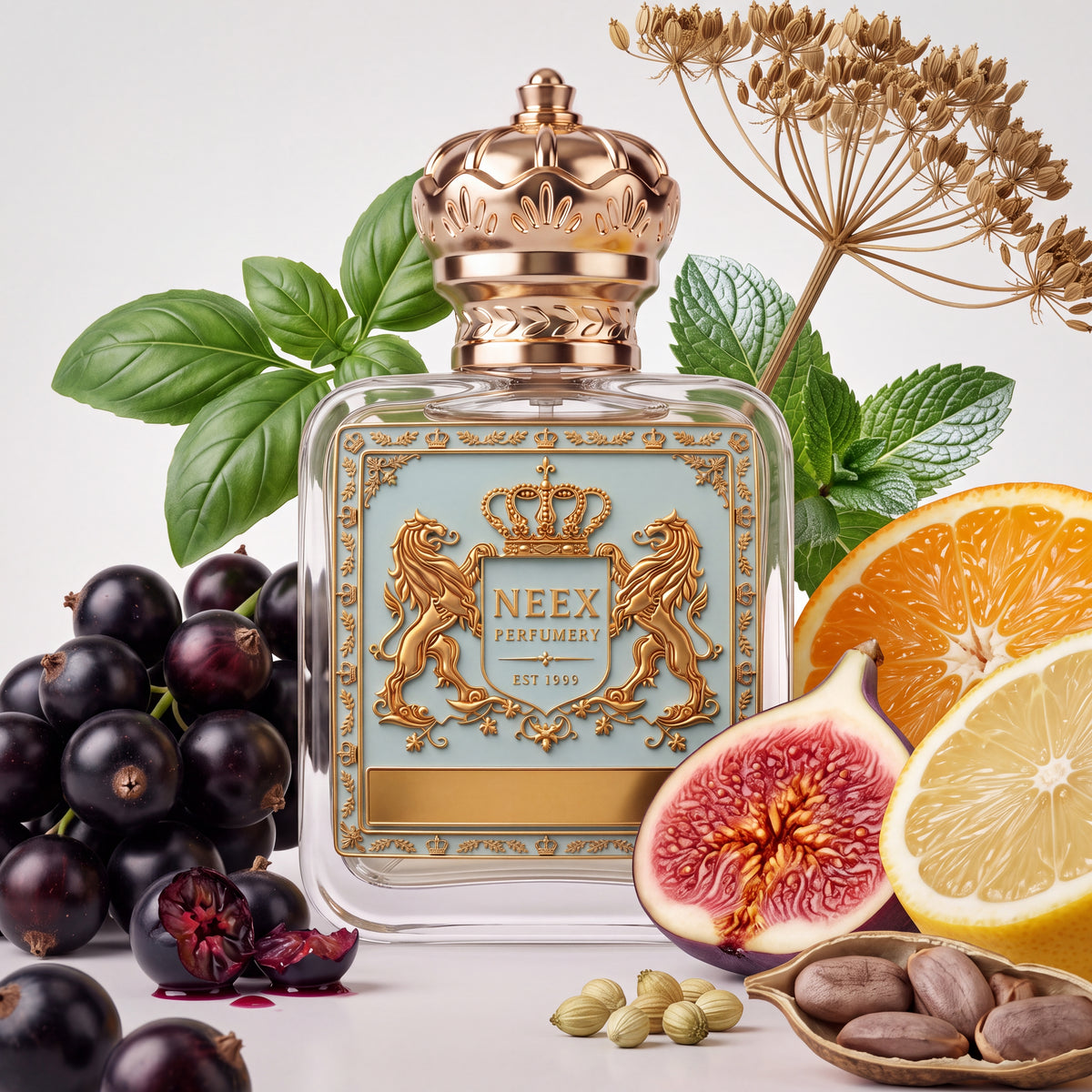 Neex Endless Ocean fragrance bottle styled in an ingredient flat-lay featuring dark blackcurrants, a sliced ripe fig, half a orange, a sliced lemon, fresh mint leaves, basil, dried coriander seeds, carrot seeds, and date seeds.