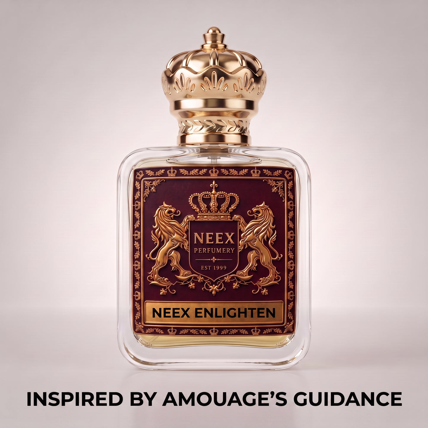 Neex Perfumery Neex Enlighten perfume bottle with gold crown cap, inspired by Amouage Guidance fragrance.