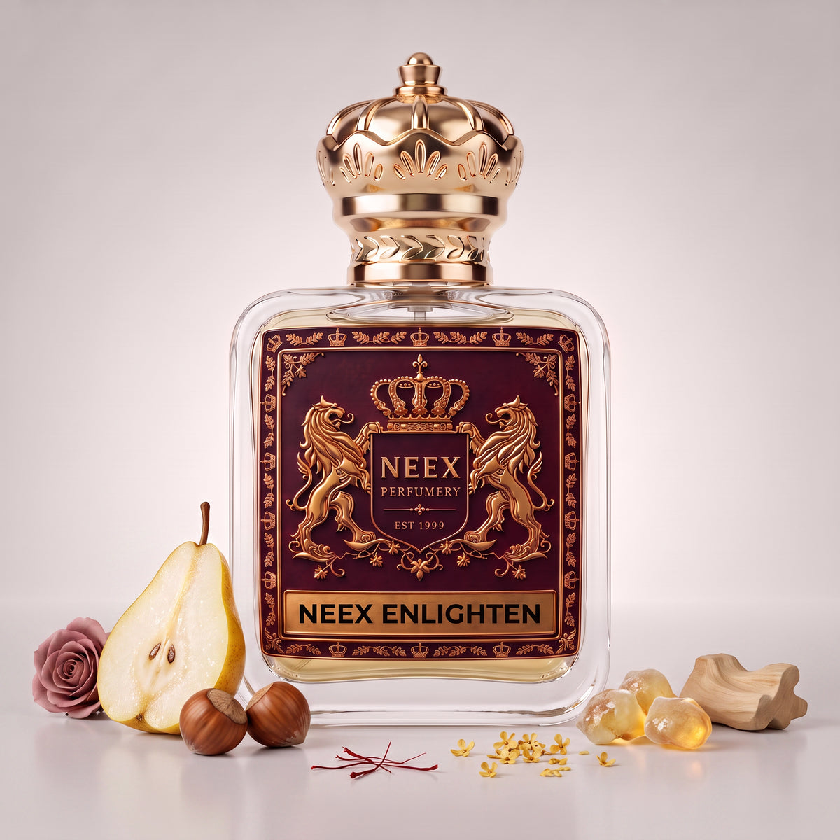 Neex Enlighten fragrance bottle shown with raw notes of ripe sliced pear, hazelnuts, pink rose, saffron threads, osmanthus, and amber resin.