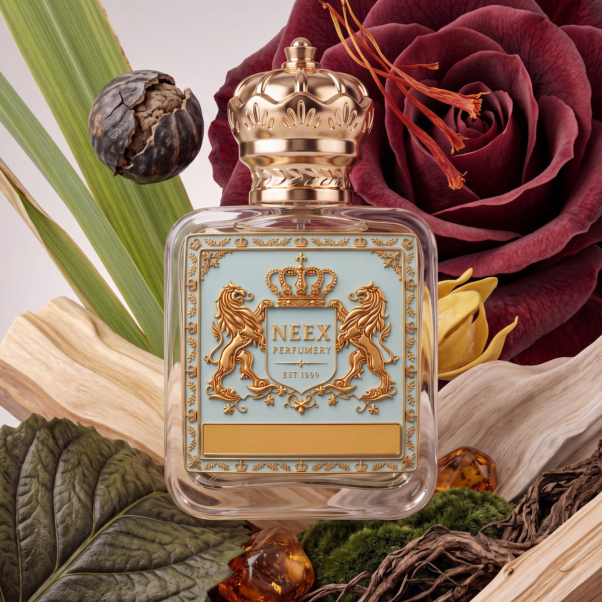 Flat-lay composition of NEEX Fearless perfume displaying top and base ingredients: Turkish rose, saffron strands, lemongrass, patchouli leaf, and amber crystals.