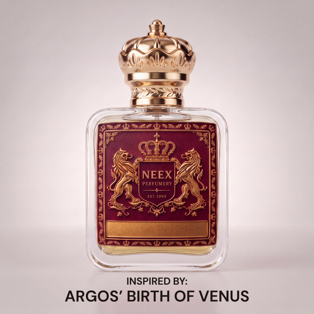 Neex Perfumery Neex Forbidden Bloom perfume bottle with gold crown cap and deep maroon label, showcased against a neutral studio background with text indicating it is inspired by Argos' Birth of Venus.