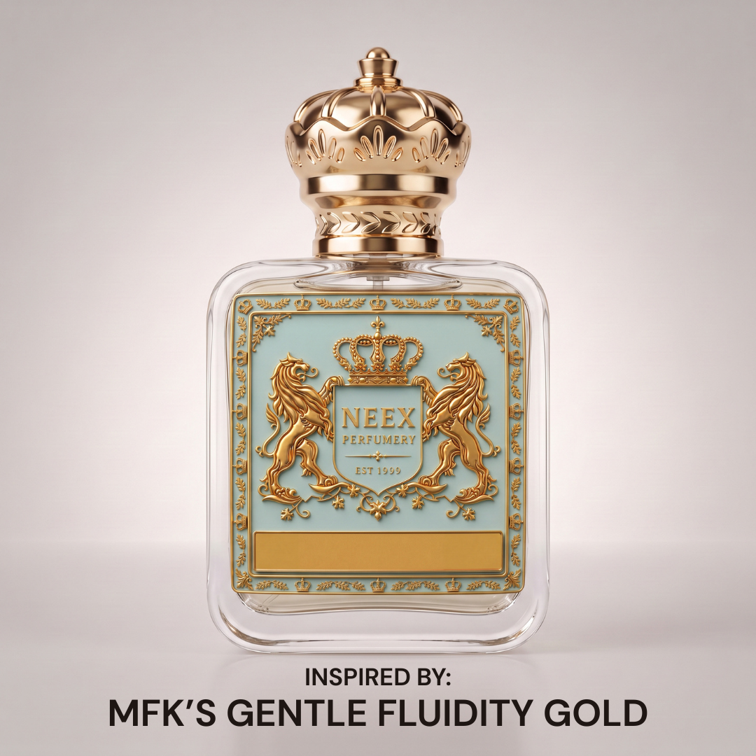 A luxury perfume bottle with a clear glass body, a light blue label, ornate gold detailing, and a gold crown cap. The label features a crest with two lions and the text 'NEEX PERFUMERY'.
