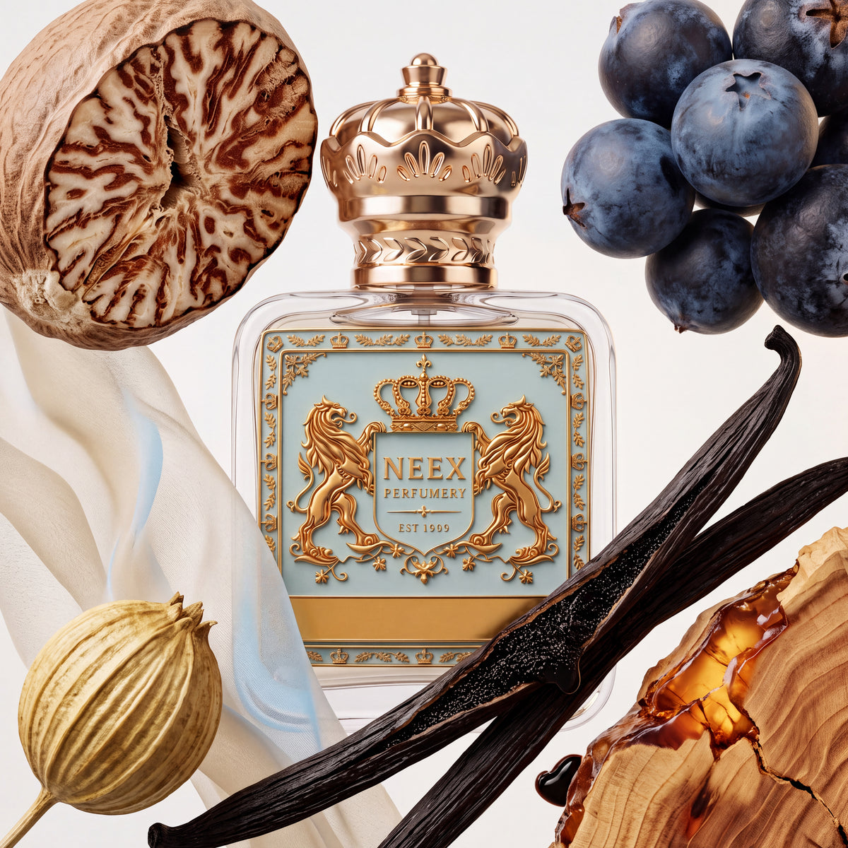 A NEEX Parfum glass bottle with a gold crown cap and ornate gold-and-blue label, surrounded by fragrance-inspired ingredients including blueberries, vanilla pods, a dried nut, and wood on a clean white background.