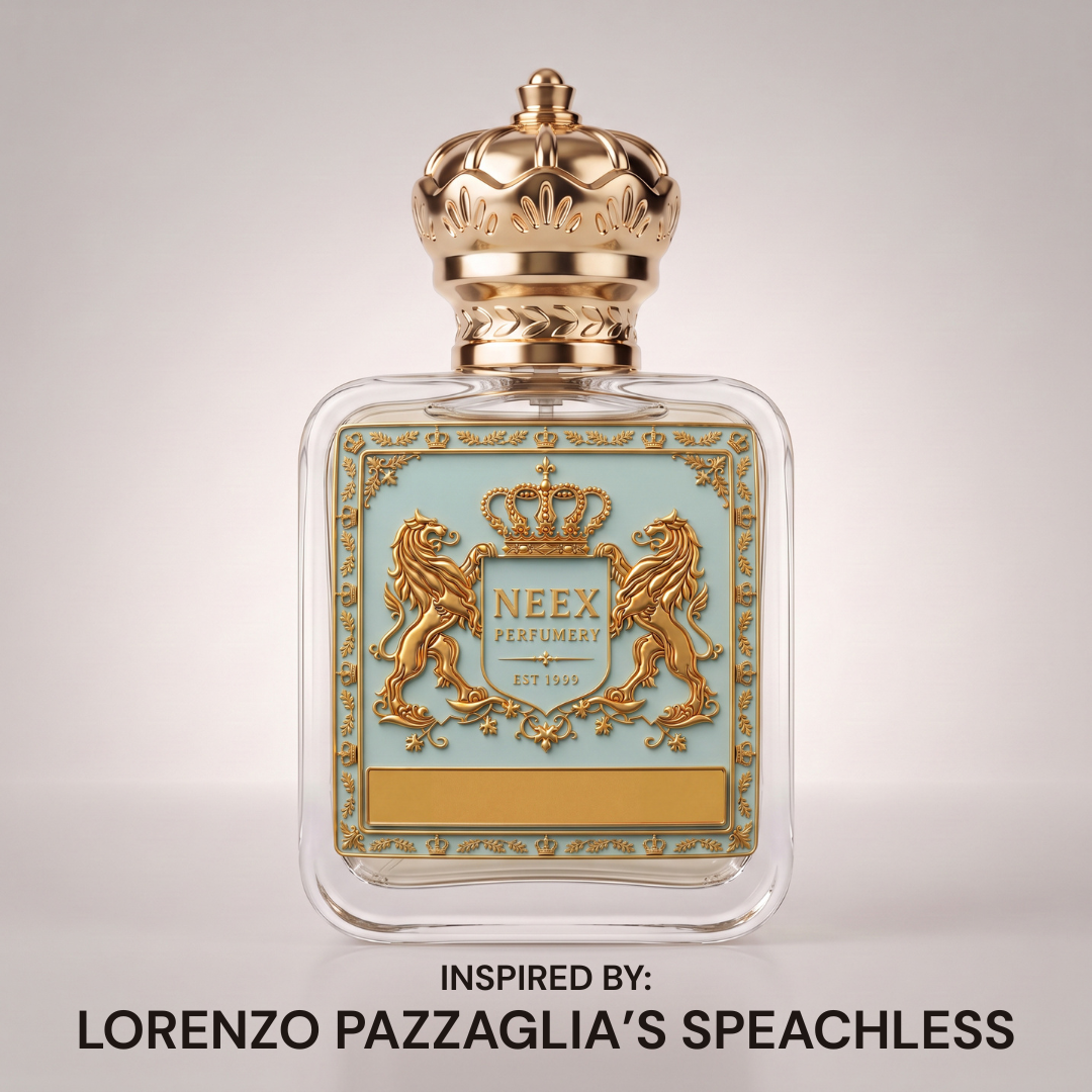 Neex Perfumery luxury perfume bottle featuring a gold crown cap and pastel blue crest label, showcased cleanly against a neutral gradient studio background.   