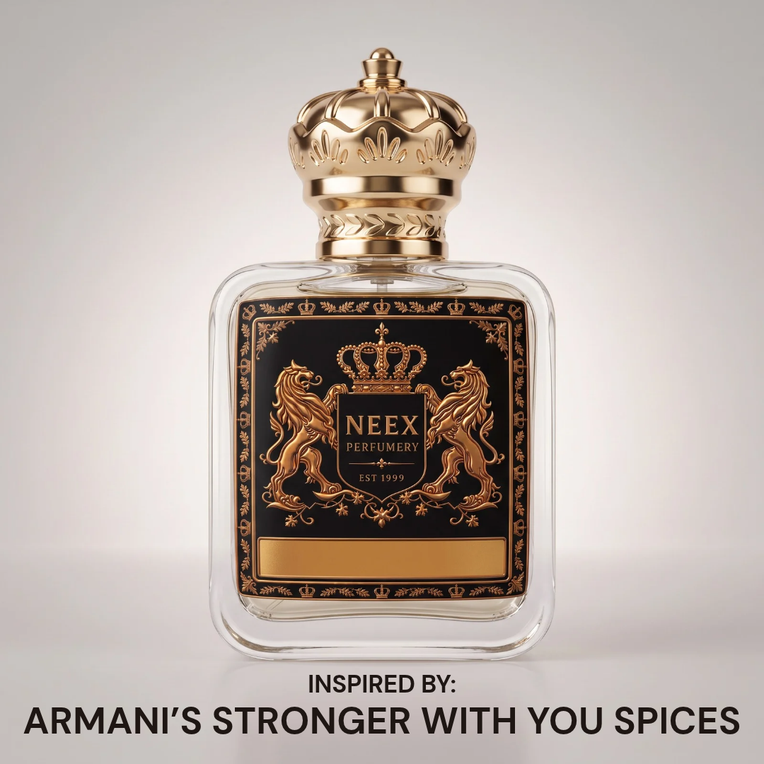 Neex Perfumery luxury perfume bottle featuring a gold crown cap and a black crest label, showcased cleanly against a neutral gradient studio background.   