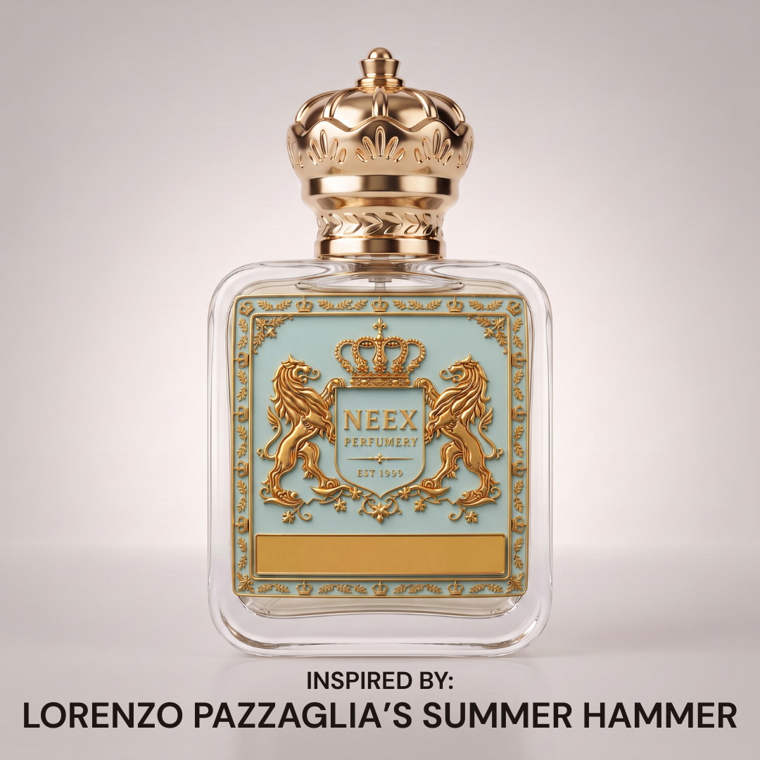 Neex Perfumery luxury perfume bottle featuring a gold crown cap and pastel blue crest label, showcased cleanly against a neutral gradient studio background.   