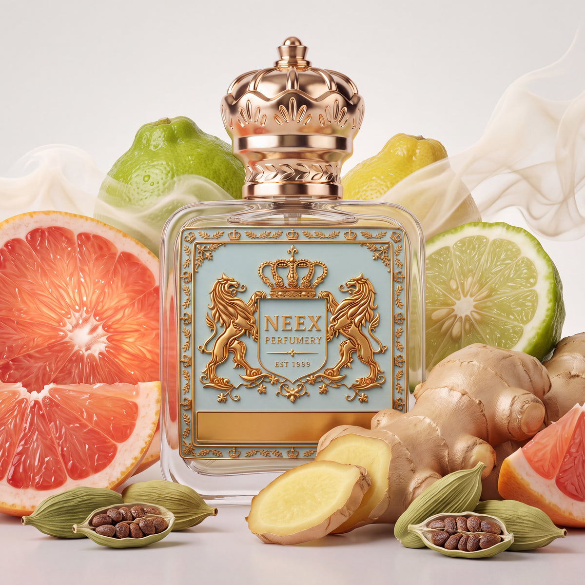 Neex Harmony fragrance bottle styled in an ingredient flat-lay featuring sliced pink grapefruit, fresh bergamot and limes, knobby ginger root slices, open cardamom pods revealing black seeds, and soft wisps of white smoke.