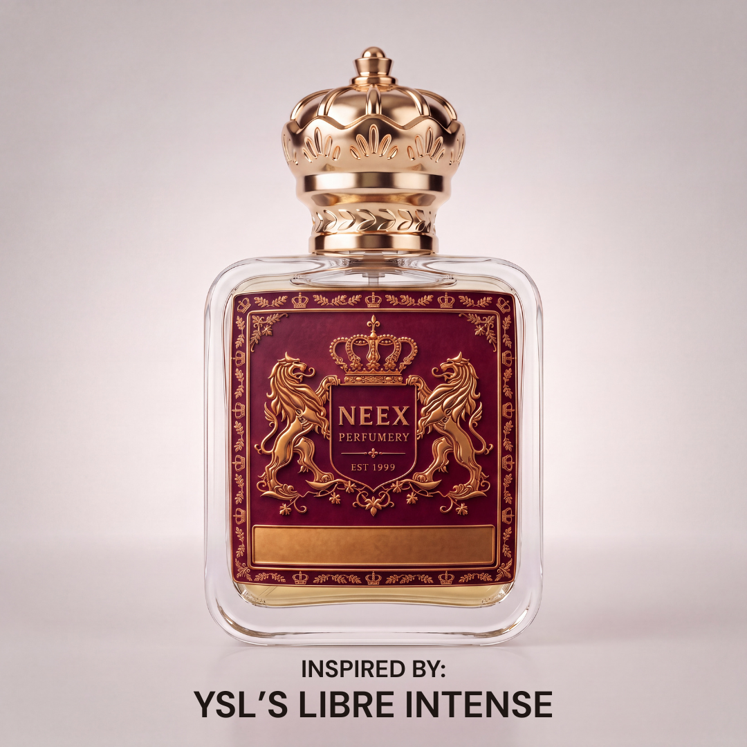 Neex Perfumery Neex Icon perfume bottle featuring a gold crown cap and deep plum-burgundy crest label, displayed against a soft neutral studio backdrop with text indicating it is inspired by YSL's Libre Intense.