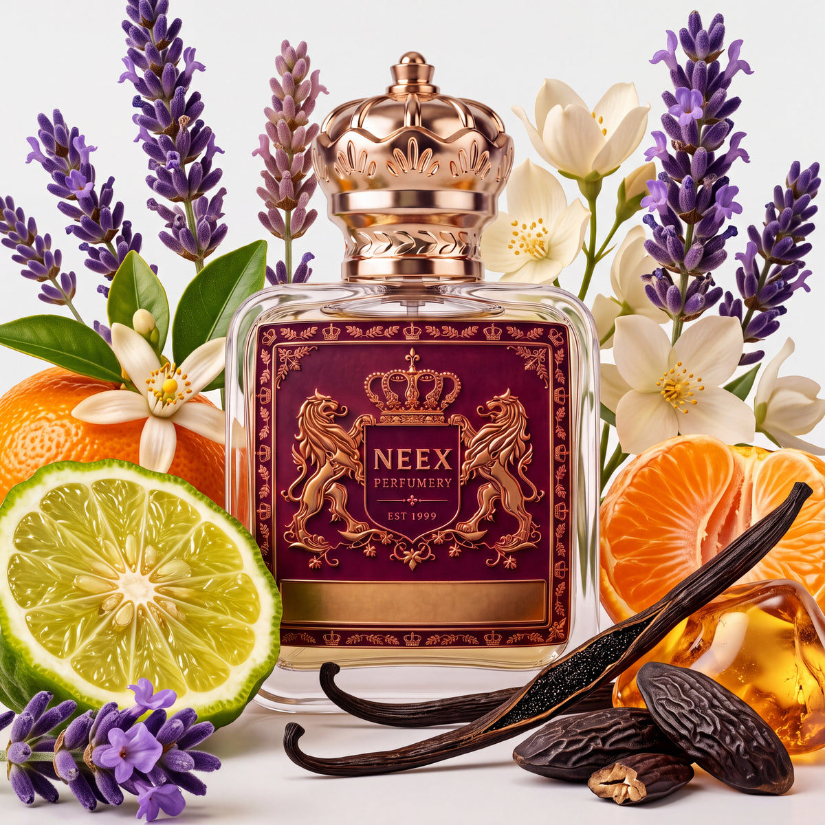 Neex Icon fragrance bottle styled alongside fresh lavender sprigs, orange blossoms, sliced bergamot, mandarin segments, rich bourbon vanilla pods, tonka beans, and glowing amber resin.
