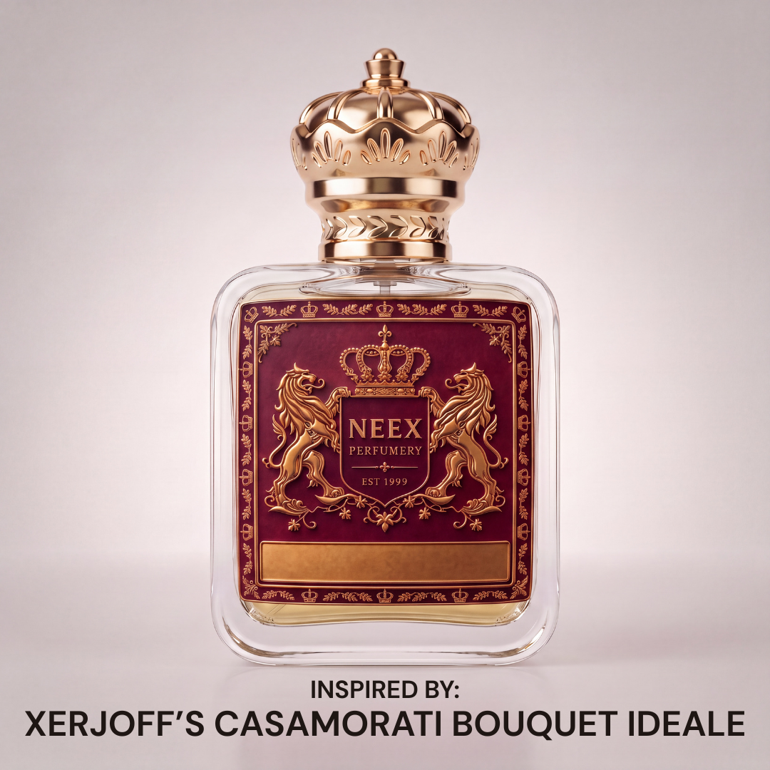 Neex Perfumery perfume bottle featuring a gold crown cap and deep maroon crest label, centered against a clean, soft off-white studio background with text below reading "INSPIRED BY: XERJOFF'S CASAMORATI BOUQUET IDEALE".
