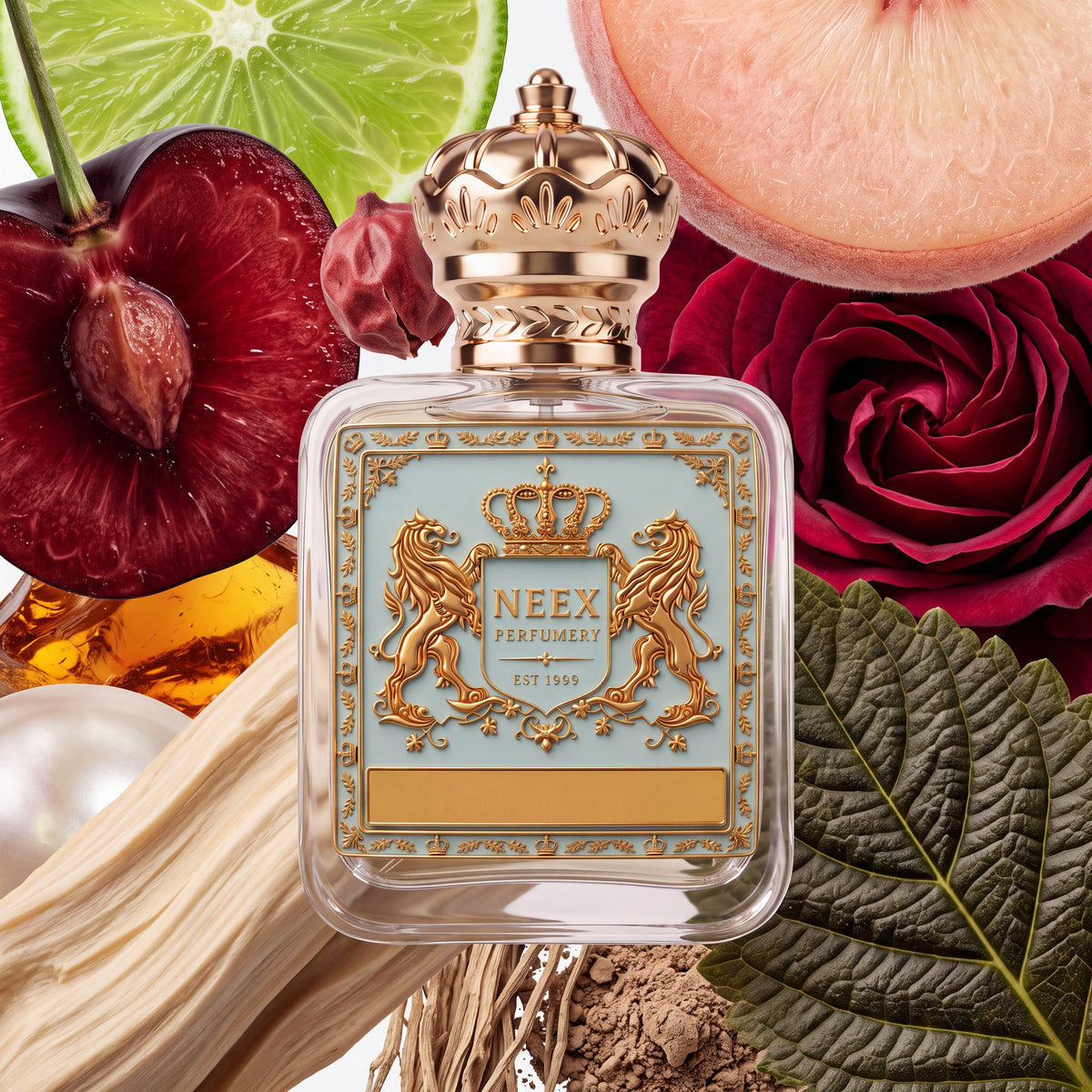 Flat-lay composition of NEEX Ignite perfume displaying top and heart ingredients: juicy cherry, zesty lime, peach, rose, and aromatic botanical extracts.