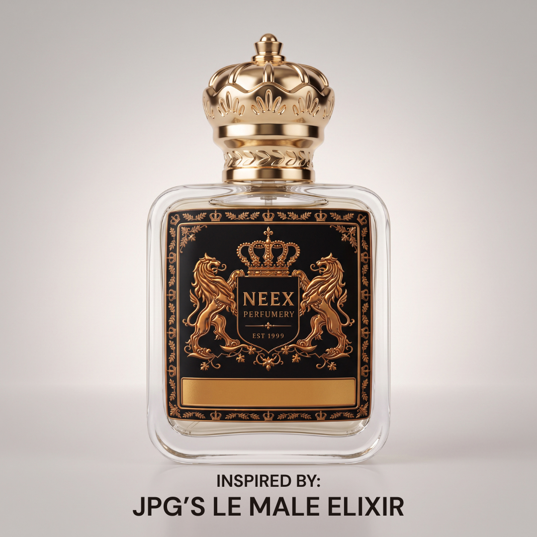 A clear glass perfume bottle with a gold crown cap and a black front label featuring gold lion and crown artwork. The label reads 'NEEX PERFUMERY' and the image includes text below saying 'INSPIRED BY: JPG'S LE MALE ELIXIR'.