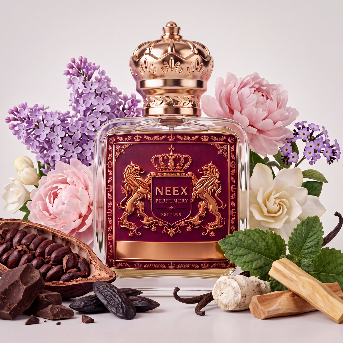 Neex Lilac fragrance bottle displayed with raw notes of blooming purple lilacs, soft pink peonies, gardenia blossoms, small heliotrope flowers, dark cocoa pods with roasted beans, dark chocolate chunks, tonka beans, vanilla pods, orris root, and sandalwood sticks.