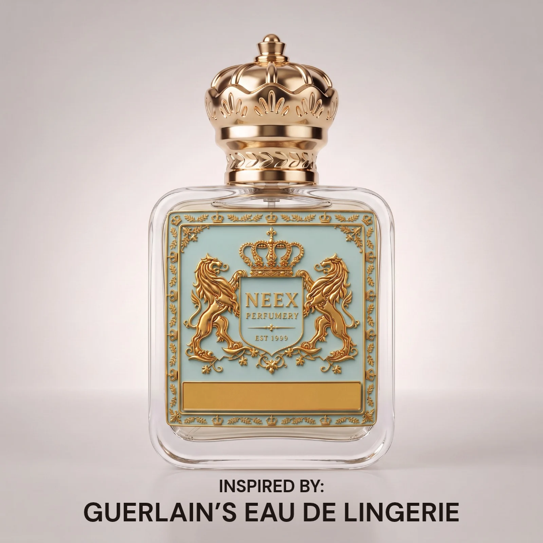 Neex Perfumery luxury perfume bottle featuring a gold crown cap and pastel blue crest label, showcased cleanly against a neutral gradient studio background.   