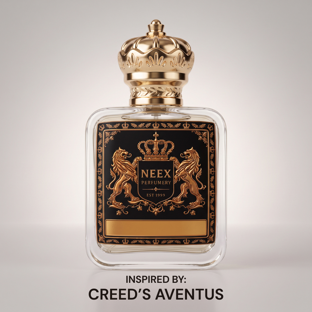 Neex Perfumery Neex Lord perfume bottle featuring an ornate gold crown cap and black crest label, showcased against a soft neutral studio backdrop with text below indicating it is inspired by Creed's Aventus.