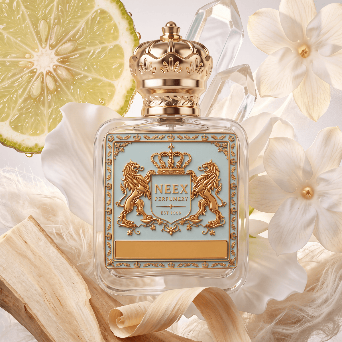 Neex Perfumery fragrance bottle with a light duck-egg blue crest label, styled in an ingredient flat-lay with translucent quartz crystals, crisp white flowers, a juicy bergamot slice, pale blonde wood shavings, and airy white cotton strands.