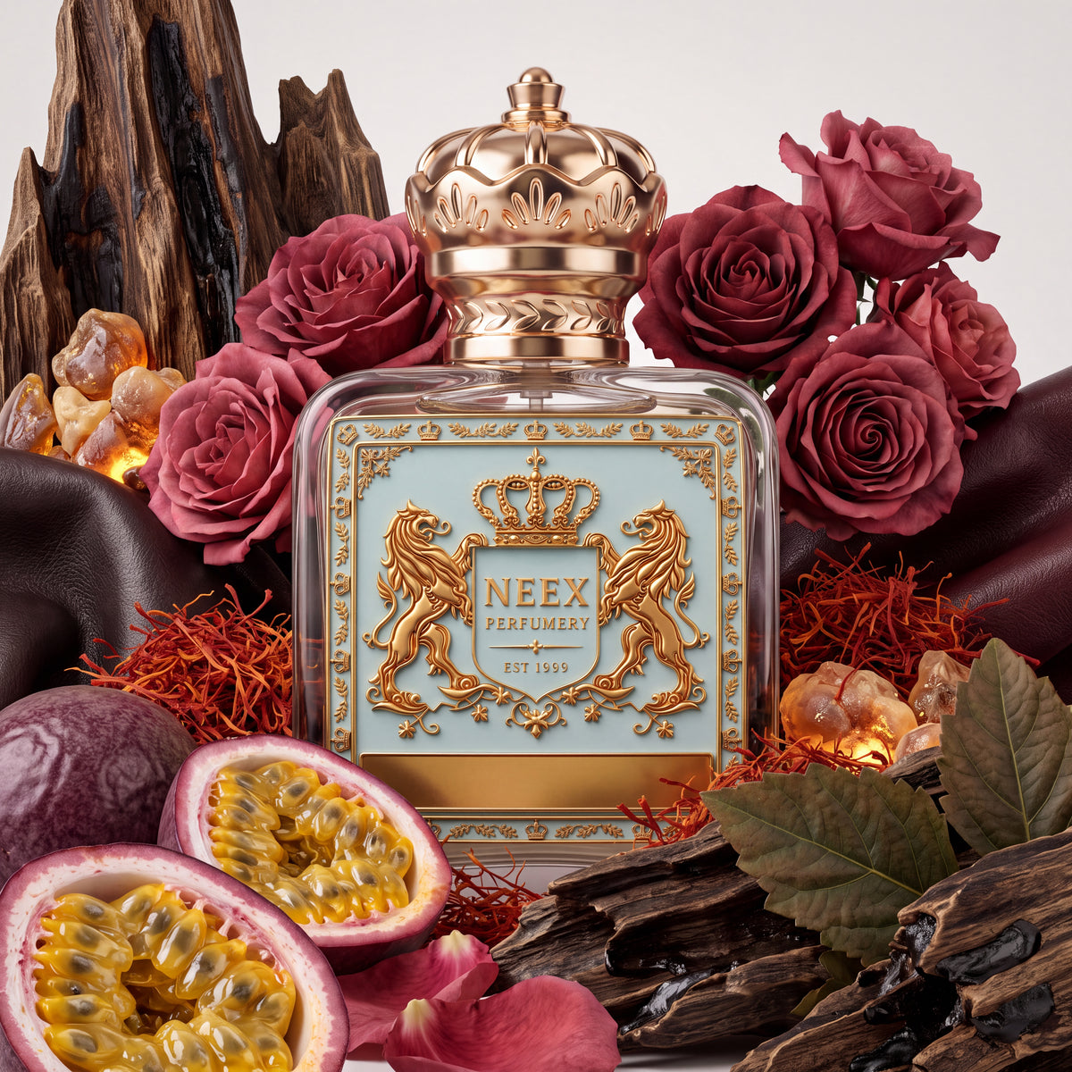 Neex Maracuja fragrance bottle surrounded by sliced passion fruit (maracuja), deep red roses, vibrant red saffron threads, rich agarwood (oud) logs, amber crystals, and dark supple leather backdrop.