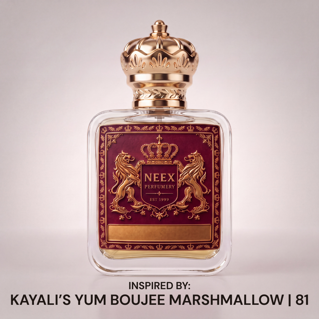 Neex Perfumery luxury perfume bottle with gold crown cap and deep burgundy crest label, inspired by Kayali's Yum Boujee Marshmallow | 81, set against a clean white background.   
