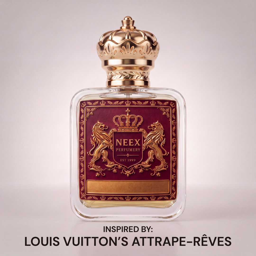 Neex Perfumery Neex Meadow perfume bottle featuring a gold crown cap and deep plum crest label, displayed against a soft neutral studio background with text below indicating it is inspired by Louis Vuitton's Attrape-Rêves.