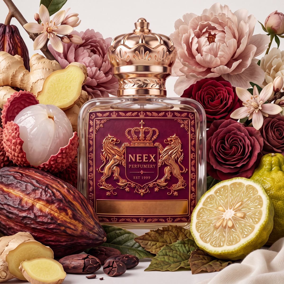 Neex Meadow fragrance bottle styled alongside fresh lychee fruit, halved bergamot, sliced ginger root, cocoa pods and beans, soft pink peonies, dark red roses, and white orange blossoms.