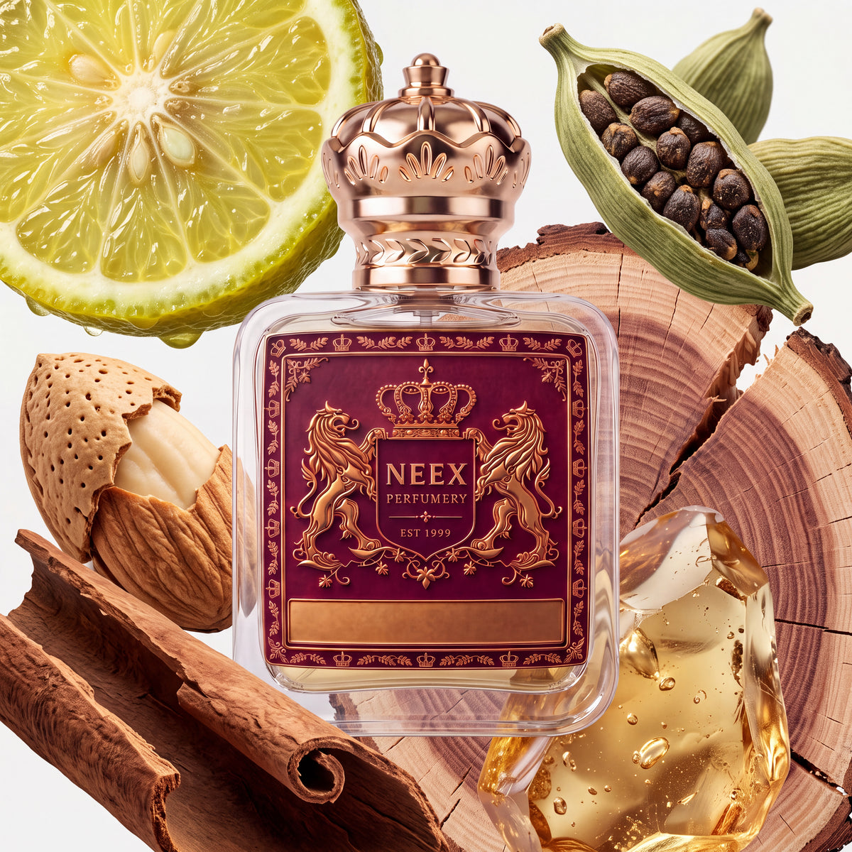 Neex Perfumery fragrance bottle featuring a deep burgundy crest label, styled in an ingredient composition with a juicy citrus slice, cracked almond shell, green cardamom pods revealing seeds, cinnamon sticks, amber resins, and cross-section wood logs.