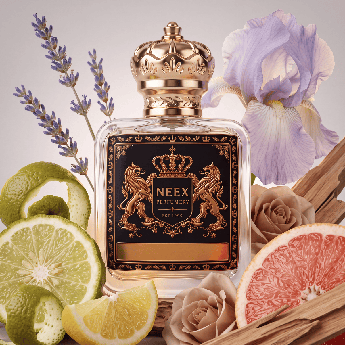 Neex Perfumery fragrance bottle with a black crest label, styled with sliced bergamot, grapefruit, lemon wedges, sprigs of lavender, a light purple iris, and natural wood logs.   