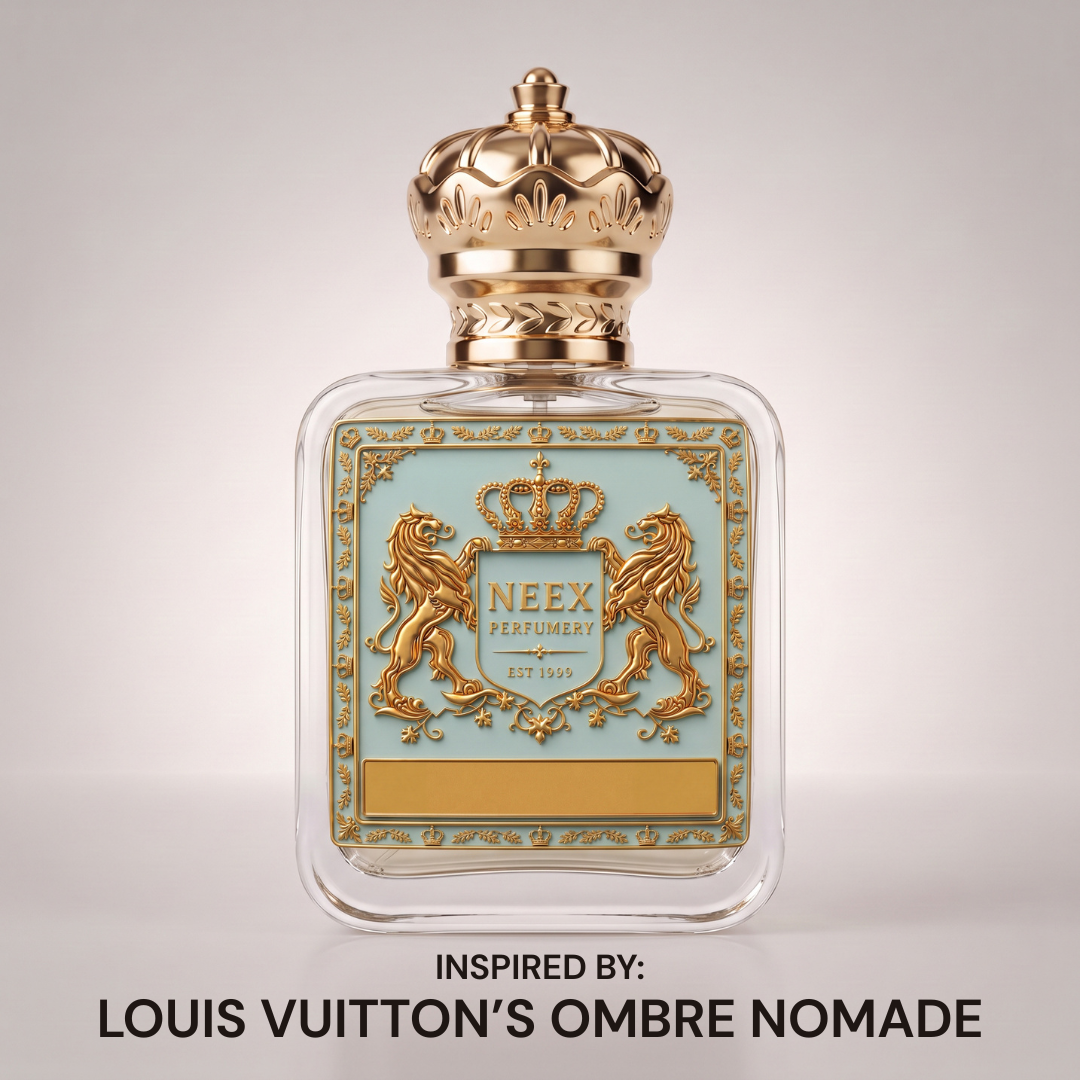 Neex Perfumery Neex Nomade perfume bottle featuring a gold crown cap and light duck-egg blue crest label, displayed against a clean, neutral studio background with text below indicating it is inspired by Louis Vuitton's Ombre Nomade.
