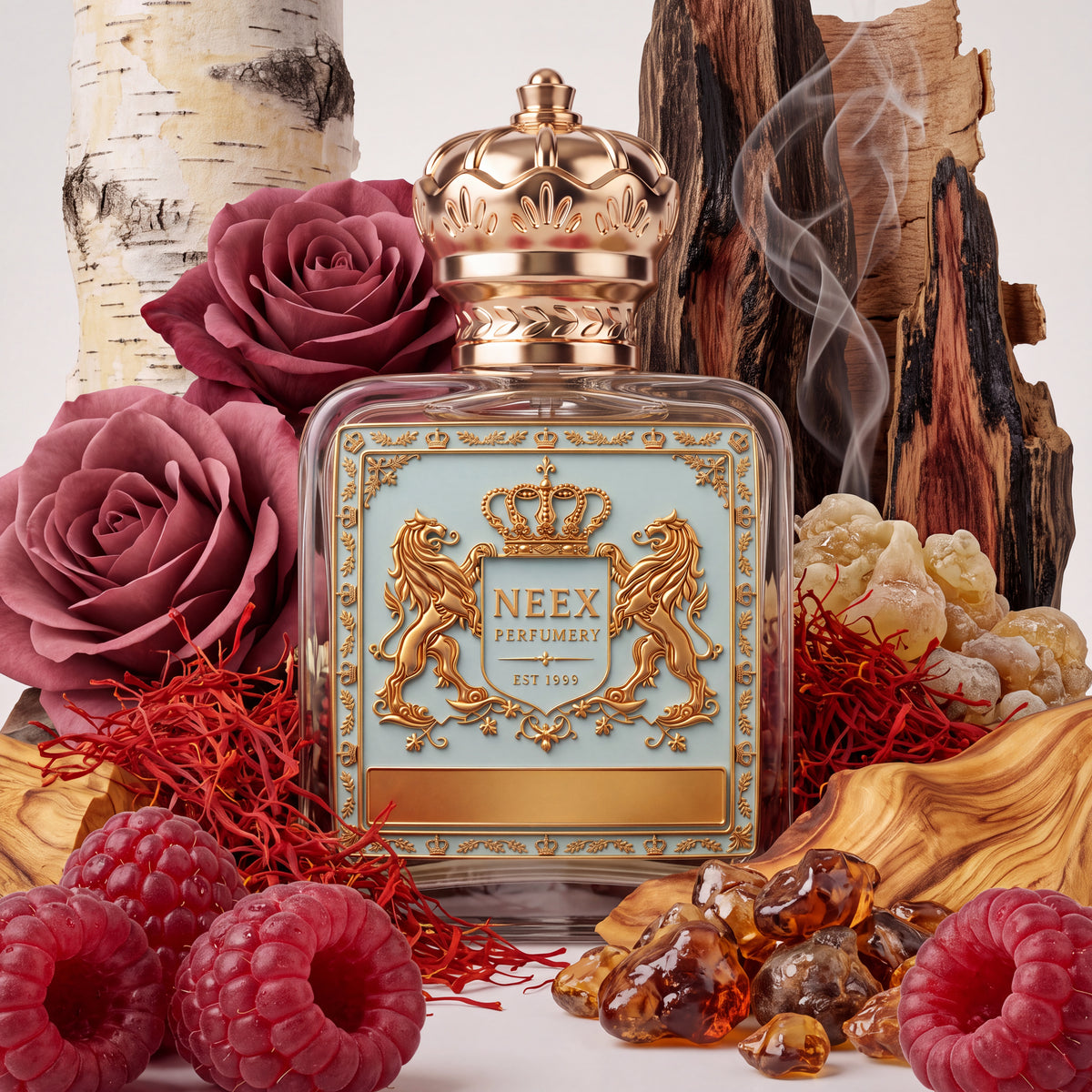 Neex Nomade fragrance bottle surrounded by fresh ripe raspberries, deep red roses, vibrant saffron threads, glowing amber resin, frankincense tear drops, birch bark, and smoldering agarwood (oud) logs with gentle wisps of smoke.